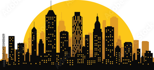 Flat vector city skyline silhouettes, sunrise sunset urban landscape illustration, modern architecture design icons, metropolitan night day view art collection