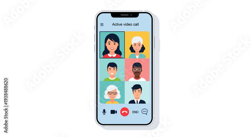 Diverse Group of People in Active Video Conference Call on Smartphone Screen