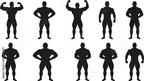 Ten bodybuilding male figure silhouettes flexing posing, muscular physique competition stances strength fitness anatomy sports concept, flat vector illustration