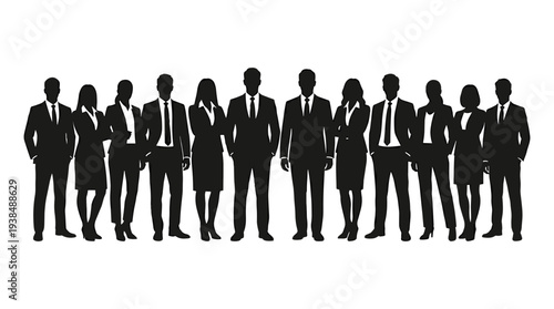 Twelve business professional silhouettes in formal attire, teamwork corporate culture workplace communication diversity professionalism concept, flat vector illustration