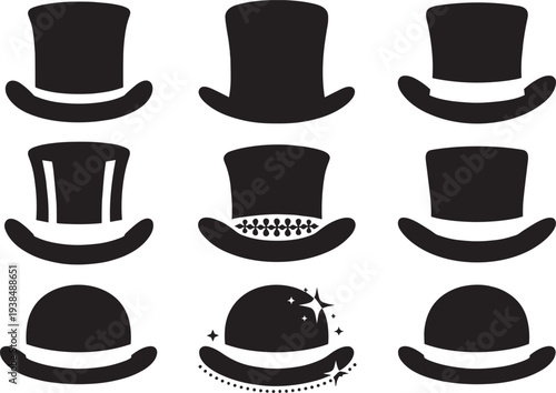 Grid of black silhouette illustrations featuring diverse top hats and bowler hats with decorative variations, showcasing classic fashion styles for design, iconography, and graphic resources.