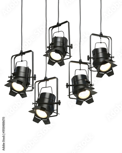 Five black stage lights with bright bulbs on white background isolated on a transparent background black lights