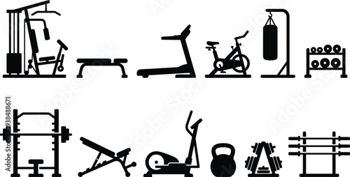 Twelve gym equipment silhouettes icons, treadmill exercise bike dumbbells kettlebell squat rack punching bag fitness training concept, flat vector illustration