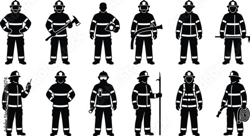 Twelve firefighter silhouettes with tools, protective gear helmets axes hoses Halligan bar radio flashlight pike pole emergency safety concept, flat vector illustration