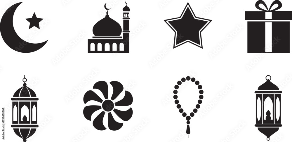 Fototapeta premium Collection of Black Islamic Silhouette Icons Featuring Mosque Lantern Prayer Beads and Star for Ramadan Celebration