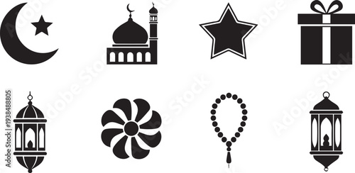 Collection of Black Islamic Silhouette Icons Featuring Mosque Lantern Prayer Beads and Star for Ramadan Celebration