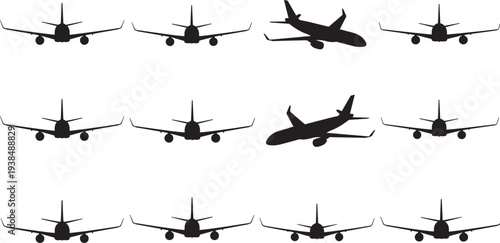 "Grid of twelve airplane silhouettes with frontal and tilted views, minimalistic aviation illustration emphasizing flight, aircraft design, transportation concept, and aeronautical reference artwork"