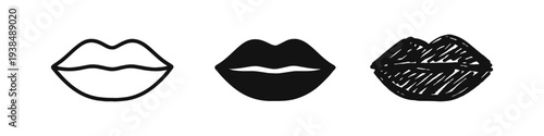 Lips icon set, kiss and beauty symbol in outline, solid, and hand-drawn doodle styles.