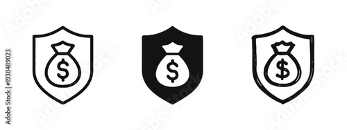 Money protection icon set, financial security shield with dollar bag symbol in various styles.