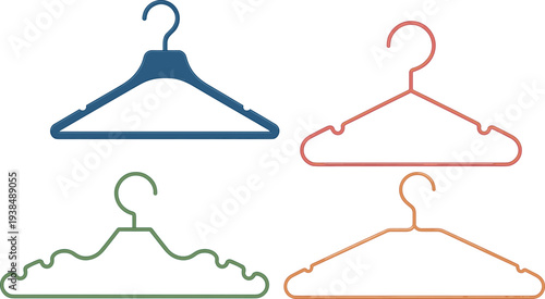 Flat vector clothes hanger silhouettes, diverse hanger designs, wardrobe storage illustration, accessory organization icons, minimalist fashion design collection