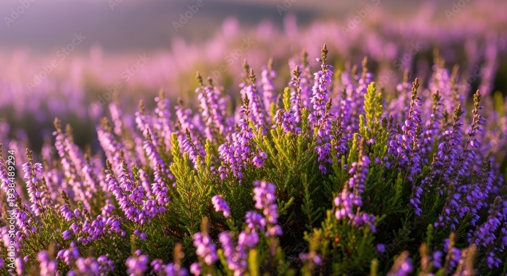Fototapeta premium Close up view of heather plants showing vibrant purple and green colors, capturing the texture and natural beauty in a moorland setting, wildflower, wildlife, purple