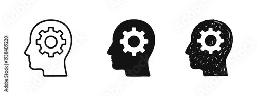 Thinking process and intelligence icon set, head with gear symbol for logic and mind.