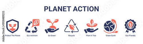 Planet Action web banner icon vector illustration featuring Protect The Planet,Eco Activism,Go Green,Recycle,Plant A Tree,Green Earth,and Eco Friendly icons promoting global action.