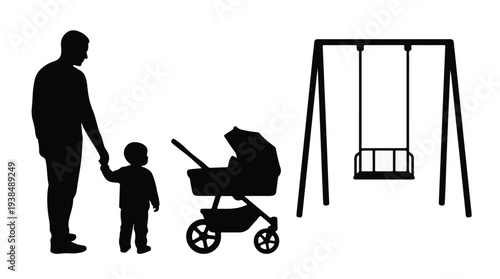 Silhouette illustration of a father, toddler, and baby stroller at a park
