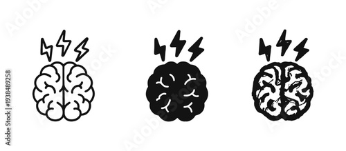 Brainstorming and creative ideas icon set, brain with lightning bolts symbol.