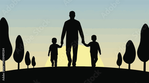 Silhouette of father and two children walking hand in hand at sunset