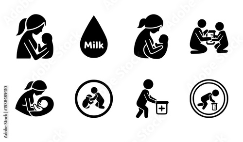 Breastfeeding pictogram icons vector maternal nursing and infant feeding symbols