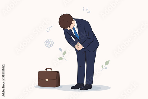 Professional Businessman in a Suit Bowing Down to Apologize and Express Regret for a Mistake, Leadership Concept of Asking for Forgiveness and Showing Respect, Isolated Vector Illustration