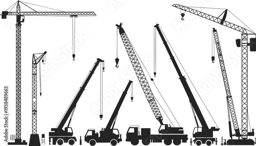 Flat vector construction crane silhouettes, diverse heavy lifting equipment, tower mobile truck cranes illustration, industrial design icons, minimalist machinery collection