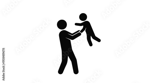 Stick figure of parent playing with child, family and care concept