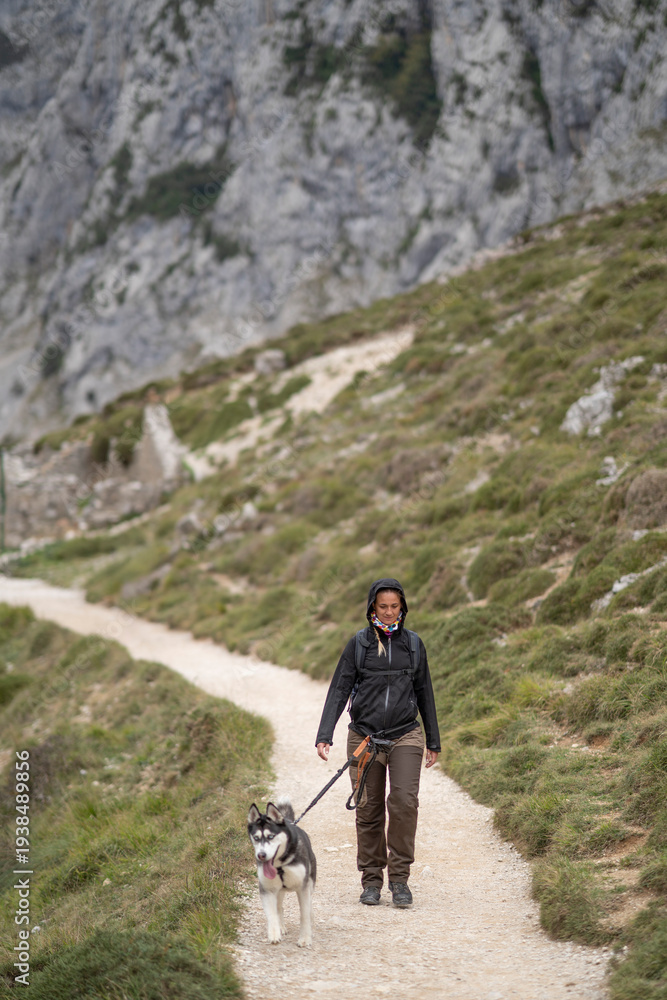 Naklejka premium Woman and husky dog hiking mountain trail