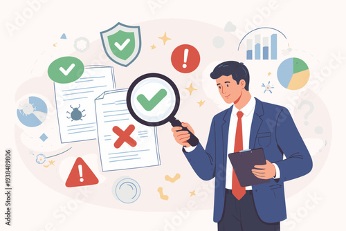 Professional businessman using a magnifying glass to verify documents and data. Concept of fact checking, information analysis, auditing, truth vs lie, security, and quality control research.