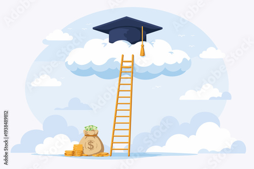High Cost of Education Concept with Graduation Cap on a Cloud and a Tall Ladder Reaching Up from a Bag of Money and Gold Coins, Representing Student Debt, Tuition Fees, and Academic Achievement.