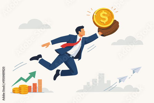 Businessman Catching Large Gold Dollar Coin with Baseball Glove, Concept of Investment Opportunity, Financial Success, Stock Market Growth, Winning Profit, and Earning Wealth in Global Economy.