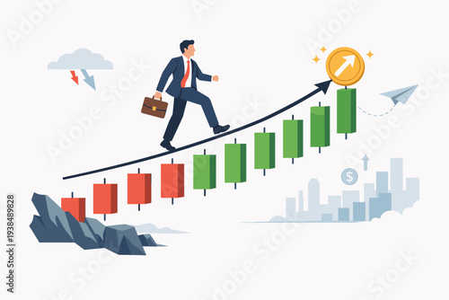 Businessman walking up a rising stock market graph line over candlestick charts towards a golden coin, symbolizing high risk high reward investment, financial success, and trading strategy.