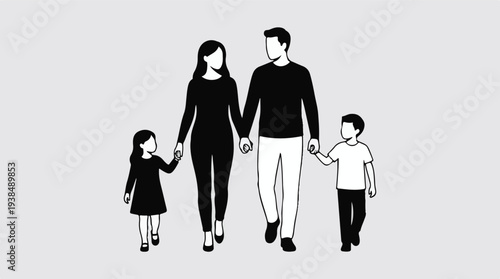 Minimalist family of four holding hands, walking together illustration