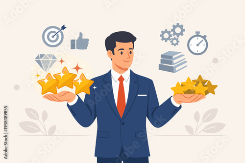 Professional businessman comparing quality and quantity with golden stars, featuring icons for goals, value, efficiency, and time management to illustrate superior work performance and success.