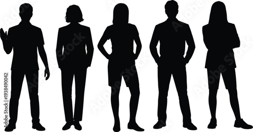 Flat vector human silhouettes, diverse people illustration, casual formal clothing icons, group diversity design art, minimalist demographic representation collection