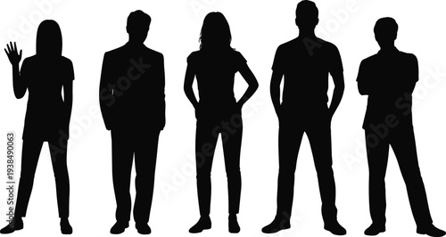 Flat vector human silhouettes, diverse standing poses, anonymous figures, body language illustration, minimalist design, diversity representation, posture collection icons