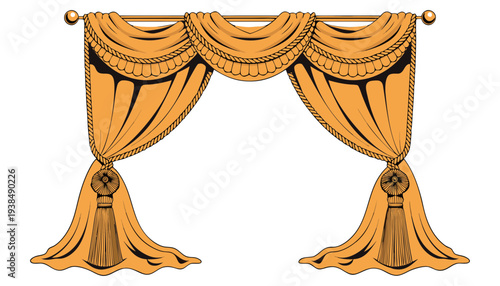 Luxurious golden curtains elegantly draped on a rod, illustration of regal theater drapes, ornate details, and flowing folds, viewed from the front