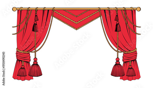 Elegant red curtains with golden accents and tassels drawn open on a theatrical stage setting