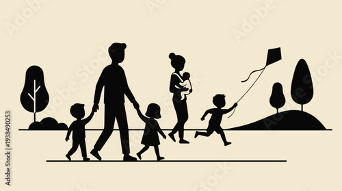 Silhouette of a family walking in a park with children and flying a kite