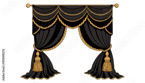 Luxurious black curtains with gold trim and tassels, pulled back to reveal a theatrical stage setting, vector illustration