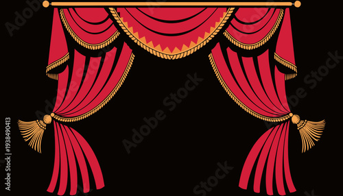Regal Curtain Illustration Featuring Luxury Drapery, Tassels, and Golden Accents in a Theatrical Setting