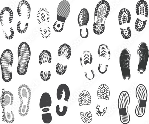 Flat vector shoe sole silhouettes, diverse footwear tread patterns, fashion design illustration, casual sport work shoes icons, minimalist collection
