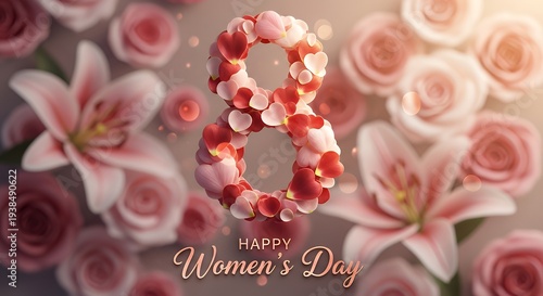 Happy Women's Day greeting with heart shaped flowers and roses