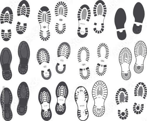 Flat vector shoe sole silhouettes, footwear tread patterns, sport work urban trekking designs, minimalist illustration, footwear design collection, sole prints