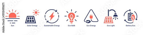 Solar Power web banner icon vector illustration featuring Sun,Solar Energy,Sustainable Energy,Eco Bulb,Eco Energy,Eco Light,and Battery Eco icons promoting renewable electricity solutions.