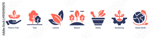 Forest Growth web banner icon vector illustration featuring Plant A Tree,Tree,Leaves,Nature,Herbs,Gardening,and Green Earth icons symbolizing ecosystem restoration.