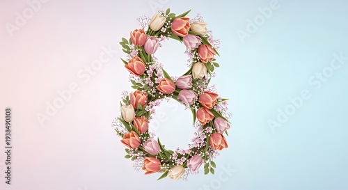 Beautiful floral number eight made of pink and white tulips on gradient background