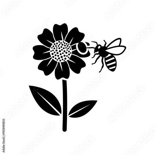 A striking black silhouette depicts a sunflower with a bee hovering nearby a natural scene silhouette