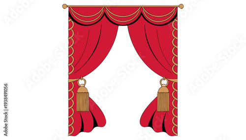 A regal illustration of red curtains with golden accents and tassels, viewed from the front, in a theatrical setting.