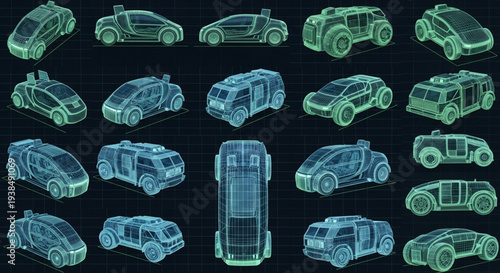 Collection of futuristic holographic vehicles in various designs.
