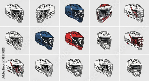 Collection of Ice Hockey Goalie Masks in Various Colors.