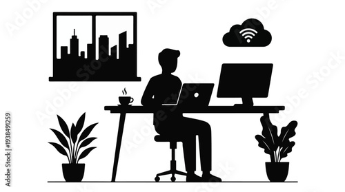 Man working remotely on laptop with dual monitors in a home office setup