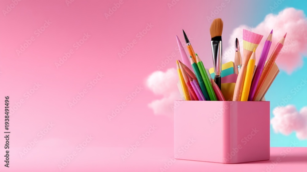 Fototapeta premium Colorful Art Supplies in Creative Workspace Setting